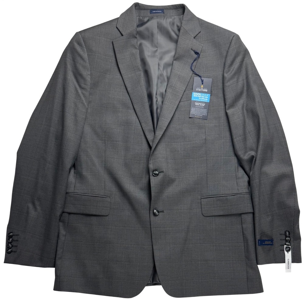 Stafford CoolMax Performance Wool Blend Blazer Gray Houndstooth 46L New